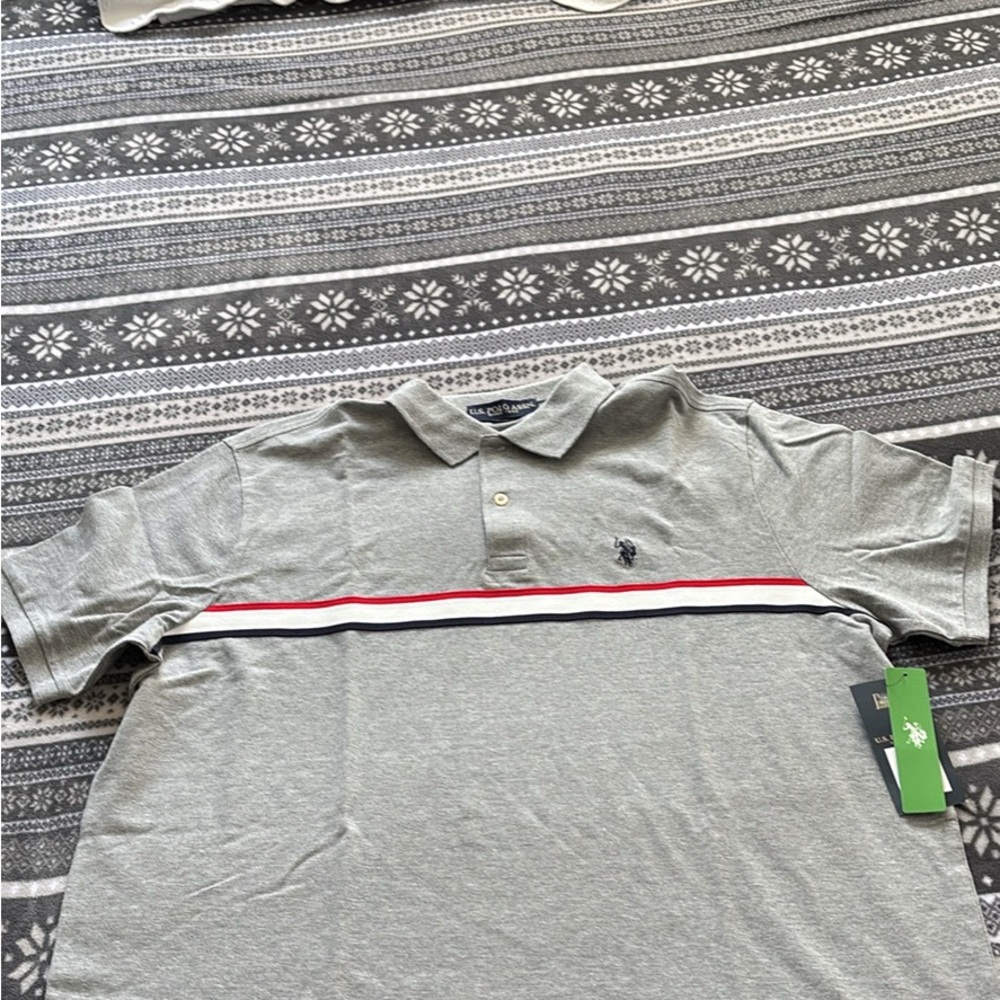 U.S. Polo Assn. Gray Polo Shirt with Red and Blue Stripes